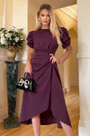 Plum Short Puff Sleeve Gathered Side Midi Dress