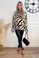 Multi Print Shirred High Neck Long Sleeve Top