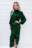 Green Animal Print High Neck Long Sleeve Midi Dress