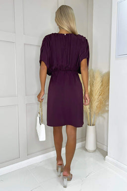 Wine Batwing Gathered Top Mini Dress