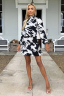 Black and White High Neck Long Sleeve Skater Dress