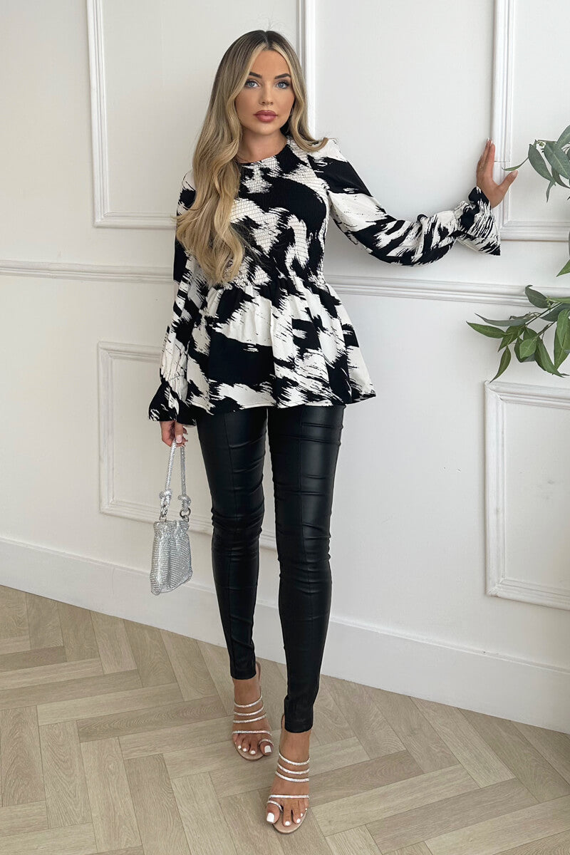 Black And White Shirred Body Long Sleeve Top