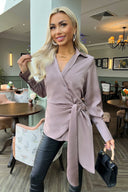 Taupe Satin Tie Waist Wrap Shirt