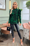 Green Printed High Neck Long Puff Sleeve Top