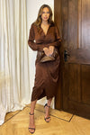 Chocolate Satin Wrap Shirt Midi Dress