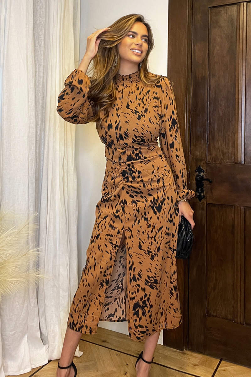 Camel Print High Neck Split Skirt Midi Dress