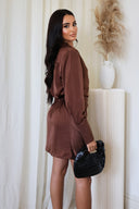 Chocolate Satin Wrap Long Sleeve Mini Dress