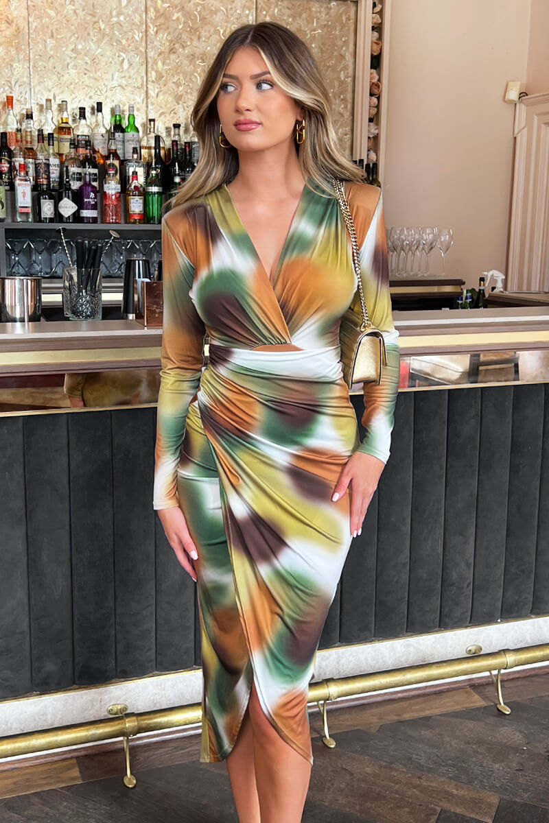 Khaki Printed Long Sleeve Wrap Midi Dress