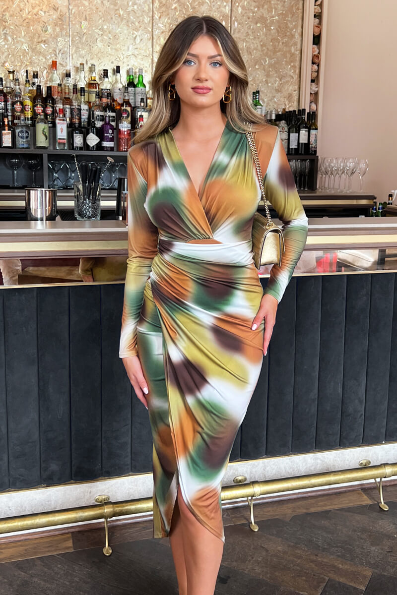 Khaki Printed Long Sleeve Wrap Midi Dress