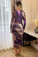 Plum Printed Long Sleeve Ruched Bodycon Midi Dress