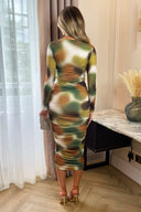 Khaki Printed Long Sleeve Ruched Bodycon Midi Dress