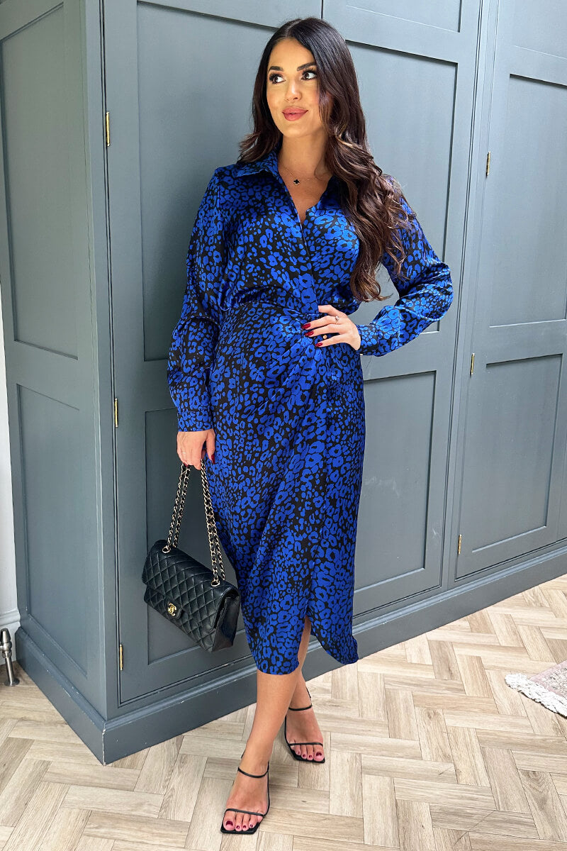 Cobalt Animal Print Collared Midi Dress