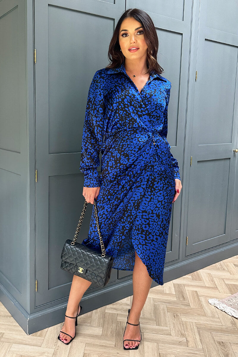 Cobalt Animal Print Collared Midi Dress