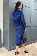 Cobalt Animal Print Collared Midi Dress