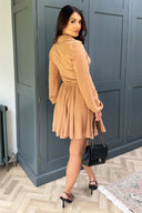 Camel Long Sleeve Button Front Skater Shirt Dress