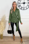 Olive Satin Tie Waist Wrap Shirt