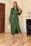 Olive Wrap Satin Shirt Midi Dress