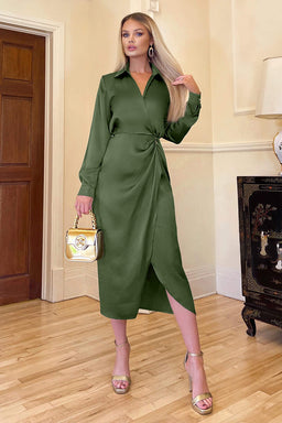 Olive Wrap Satin Shirt Midi Dress