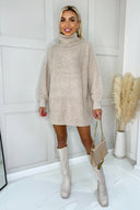 Oatmeal Roll Neck Knitted Mini Dress