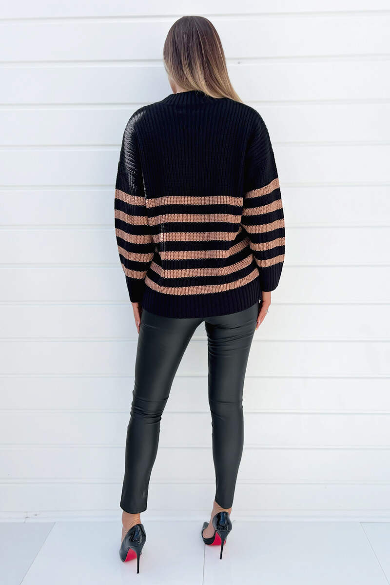 Black And Camel Stripe V-Neck Knit Jumper