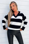 Black And Cream Stripe V-Neck Knitted Jumper