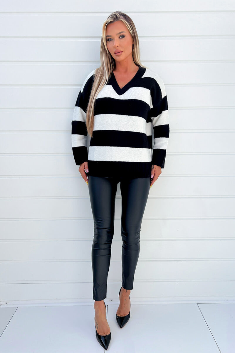 Black And Cream Stripe V-Neck Knitted Jumper