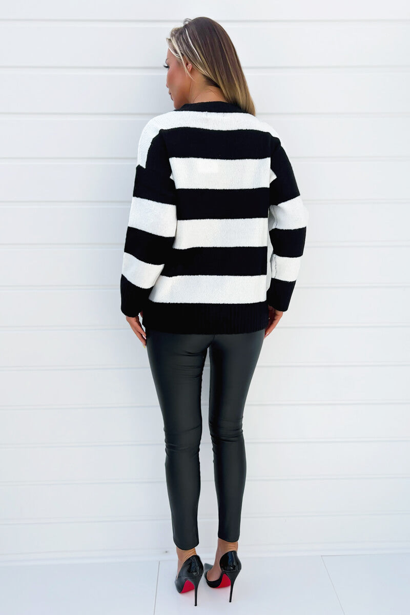 Black And Cream Stripe V-Neck Knitted Jumper