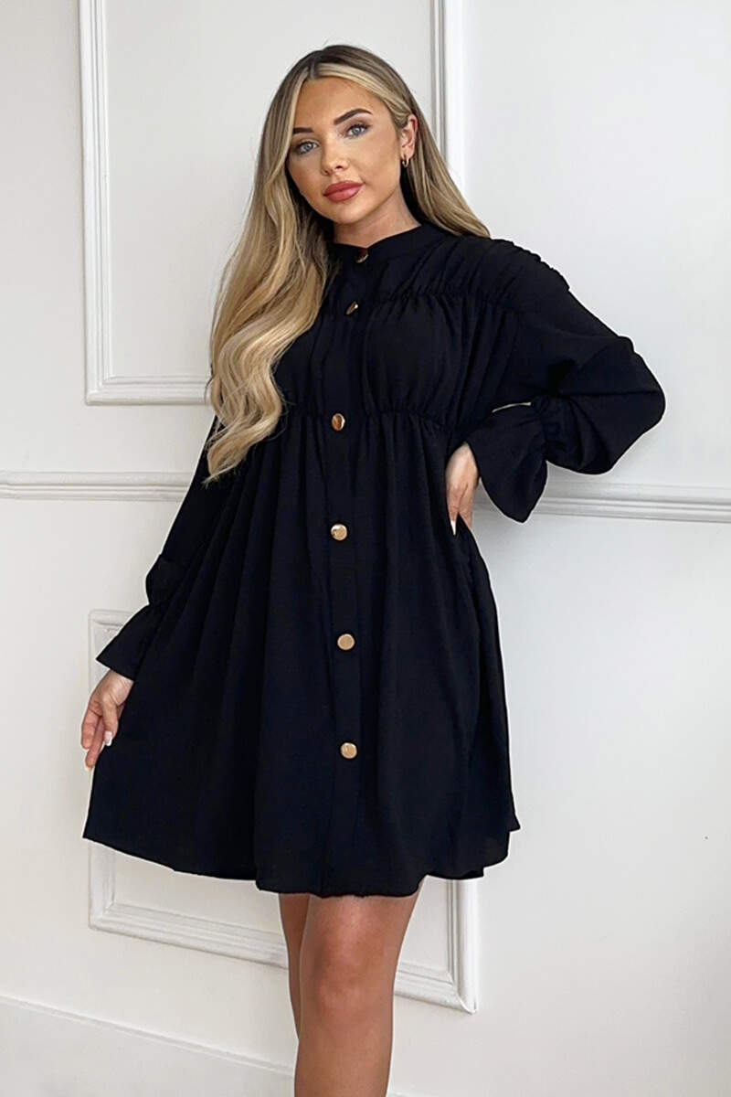 Black Long Sleeve Gathered Detail Button Front Dress