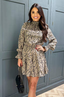 Beige Animal Print Long Sleeve Shirred Detail Skater Dress