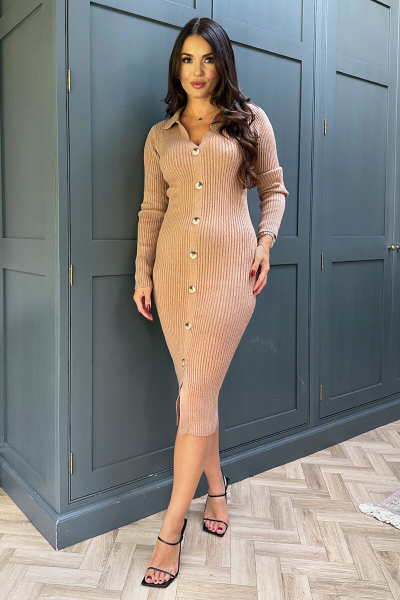 Camel Knitted Button Front Midi Dress