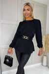 Black Long Sleeve Belted Top