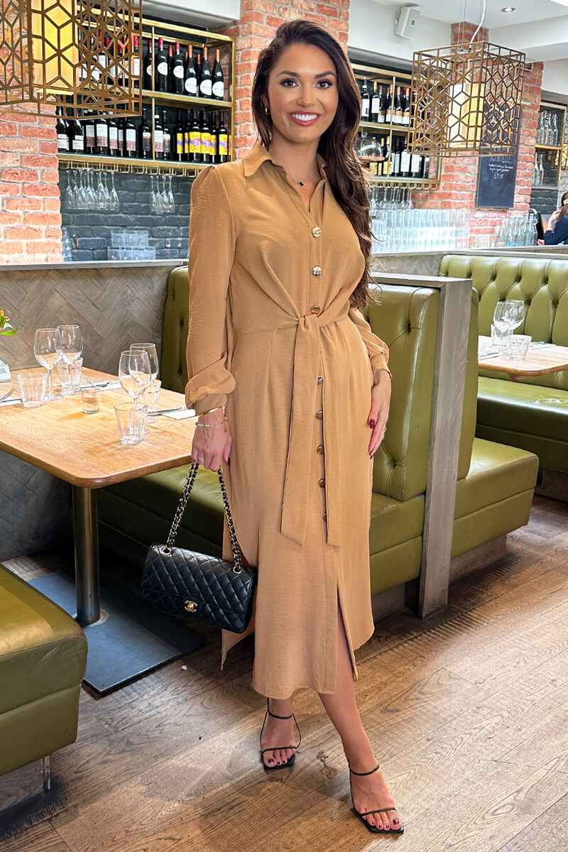 Camel Button Front Tie Shirt Midi Dress