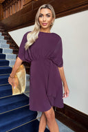 Wine Batwing Gathered Top Mini Dress