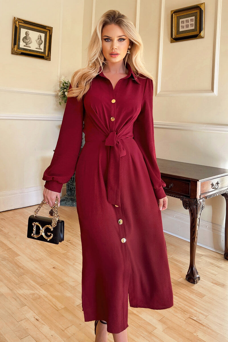 Wine Button Front Tie Shirt Midi Dress