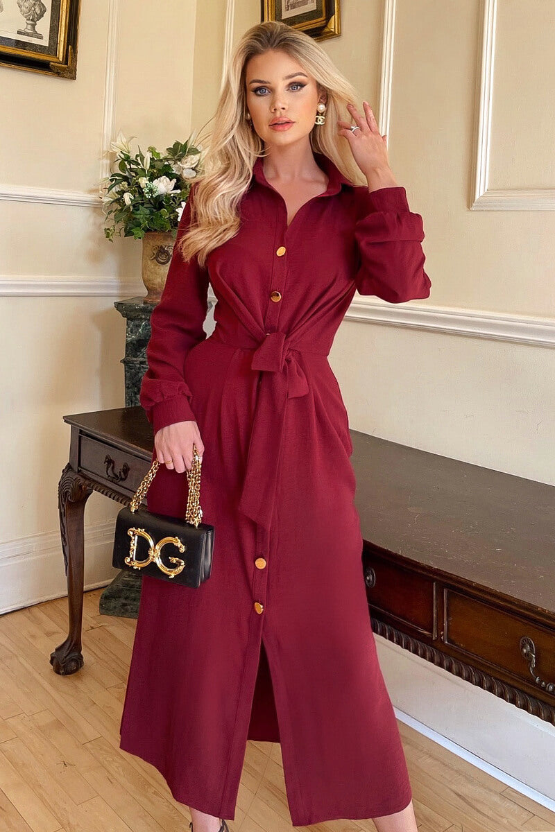 Wine Button Front Tie Shirt Midi Dress