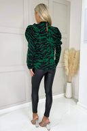 Green Printed High Neck Long Puff Sleeve Top