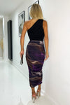Plum Abstract Print Mesh Ruched Midi Skirt