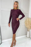 Plum Sparkly Long Sleeve Ruched Midi Bodycon Dress