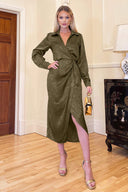 Olive And Gold Wrap Shirt Midi Dress