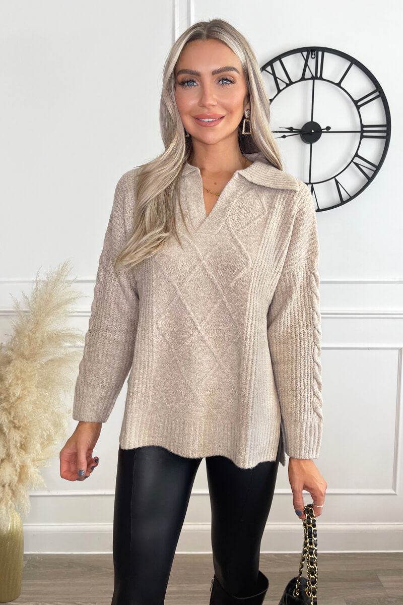 Oatmeal Collared Cable Knit Jumper