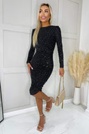 Black Sparkle And Sequin Long Sleeve Ruched Bodycon Midi Dress