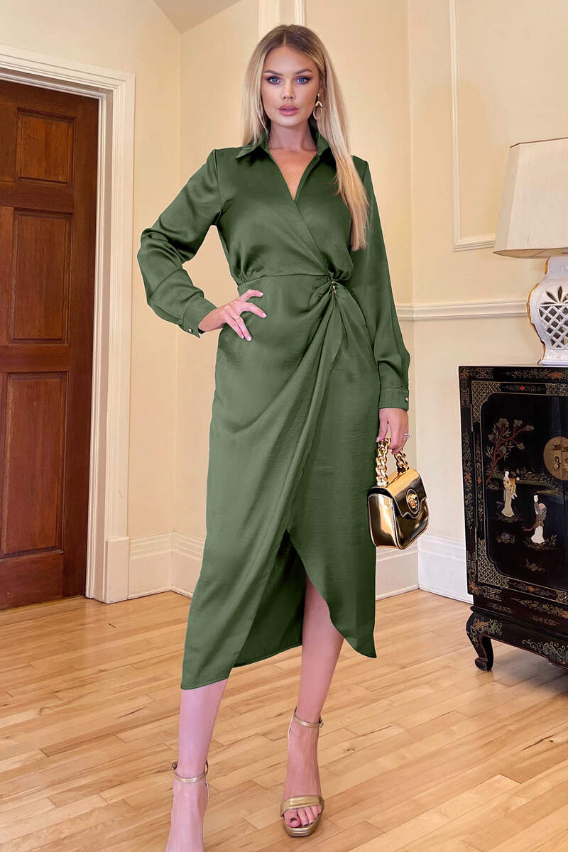 Olive Wrap Satin Shirt Midi Dress