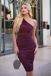 Plum Sparkly One Shoulder Ruched Midi Dress