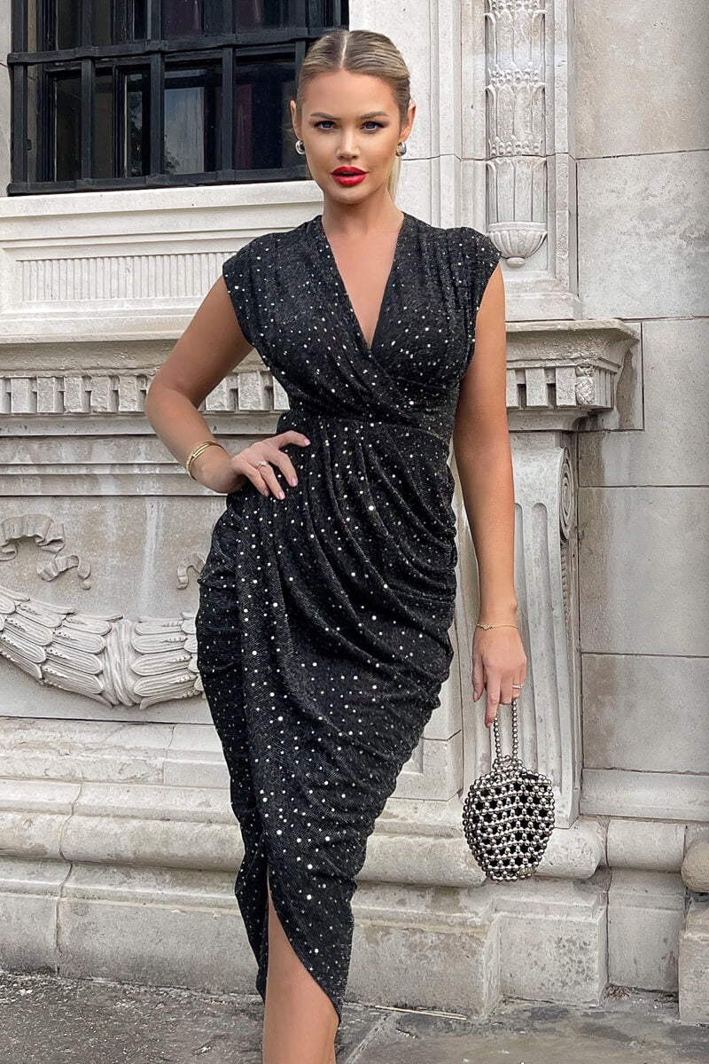 Black Glitter Wrap Draped Midi Dress