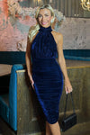 Navy Velvet Halterneck Midi Dress