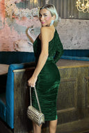 Green Velvet One Sleeve Ruched Midi Dress