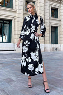 Black And White Print Draped Shirt Midi Dress