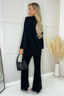 Black Ribbed Knit Flared Lounge Trousers