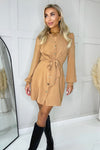 Camel Button Tie Front Mini Shirt Dress