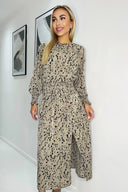 Beige Animal Print Long Sleeve Shirred Detail Midi Dress